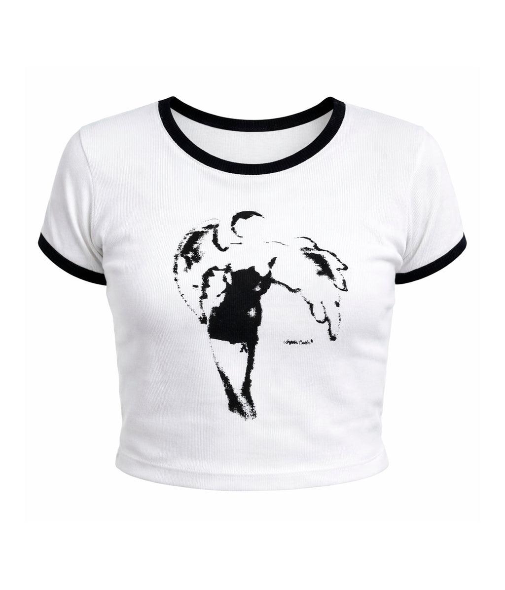 Crop top "Sexy Angel" manga corta blanco y negro