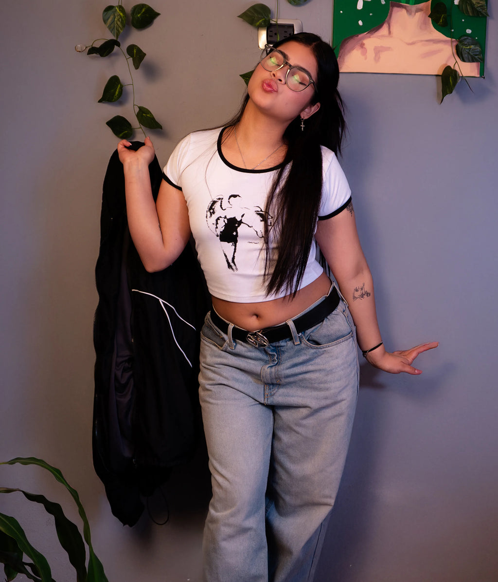 Crop top "Sexy Angel" manga corta blanco y negro